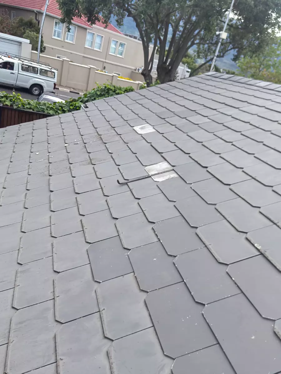 Grey tiled roof with background buildings and trees