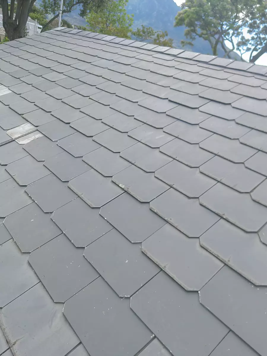 Close-up of grey roof tiles with trees and distant mountains